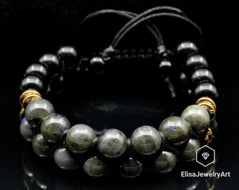 Bracelet réglable en perles d'onyx noir en labradorite naturelle Protection en macramé Yoga Mala Bracelet pour homme Bracelet pour femme Bracelet en cristal