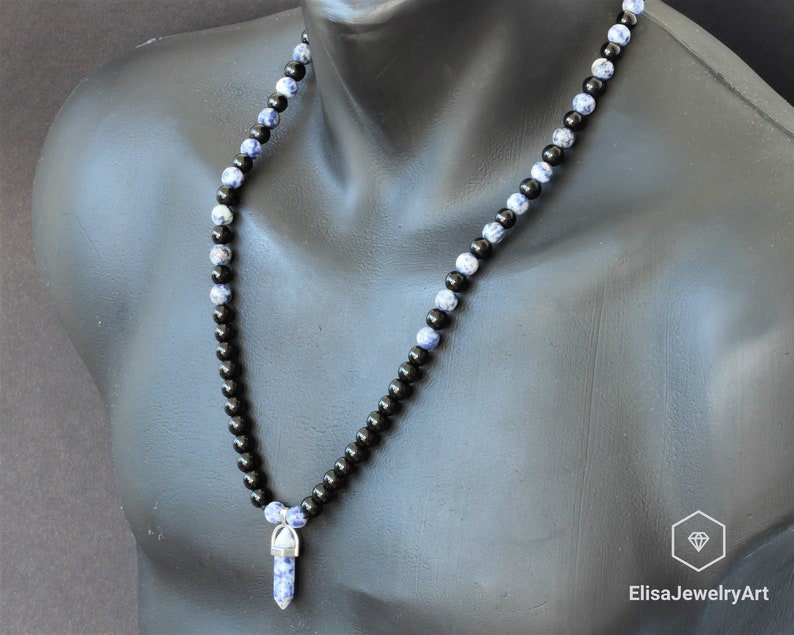 Women/'s Necklace Blue Spot Jasper Crystal Pendant Natural Black Onyx Beads Necklace Adjustable Necklace Long Necklace Men/'s Necklace Healing