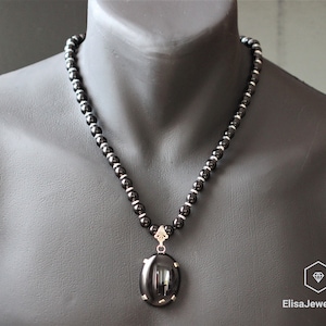 925 Sterling Silver Natural Onyx Pendant & Black Onyx Gemstone Beaded Choker With Clips Necklace Gift For Him Gift For Her Christmas Gift