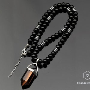 Protection Necklace Natural Big Pointed Tiger Eye Pendant Black Onyx Hematite Beaded Birthstone Necklace For Him Unisex Christmas Gift