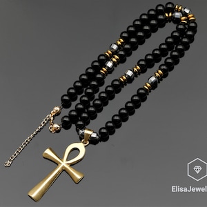 Brass Ankh Cross Necklace Natural Hematite & Black Onyx Beaded Necklace Stability Gemstone Necklace Strength Necklace