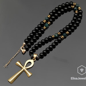 Ankh Cross Necklace Natural Bloodstone Black Onyx Beaded Believer Emotion Gemstone Bohamian Necklace Gift For Him Unisex Christmas Gift