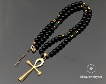 Ankh Cross Necklace Natural Bloodstone Black Onyx Beaded Believer Emotion Gemstone Bohamian Necklace Gift For Him Unisex Christmas Gift