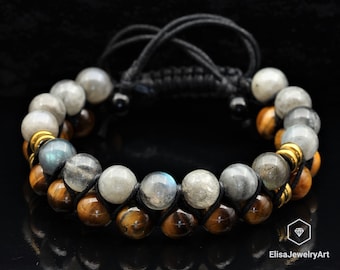 Special Natural Labradorite & Tiger Eye Beaded Macrame Protection Mala Men's Bracelet Women's Bracelet Crystal Bracelet Father's Day Gift