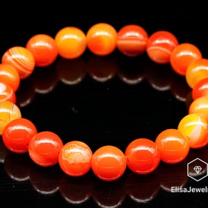 Natural Orange Striped Agate Beaded Bracelet Stretchy Bracelet Endurance Gemstone Bracelets Strong Energy Crystal Bracelet Safety Bracelet