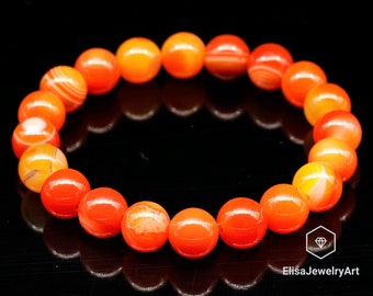 Natural Orange Striped Agate Beaded Bracelet Stretchy Bracelet Endurance Gemstone Bracelets Strong Energy Crystal Bracelet Safety Bracelet