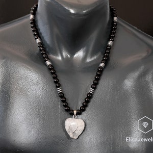 Friendship Calming Necklace Natural Quartz Heart Pendant Black Onyx Hematite Beaded Birthstone Necklace For Him Unisex Christmas Gift