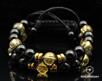 Bracelet en macramé de perles de citrine naturelle et d'onyx noir spécial Emotion Yoga Mala Bracelet pour homme Bracelet pour femme Bracelet en cristal