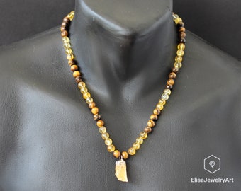 Men&#39;s Natural Citrine Beads Necklace Tiger Eye Bead Necklace Macrame Beaded Necklace Irregular Raw Crystal Citrine Pendant Adjustable Unisex
