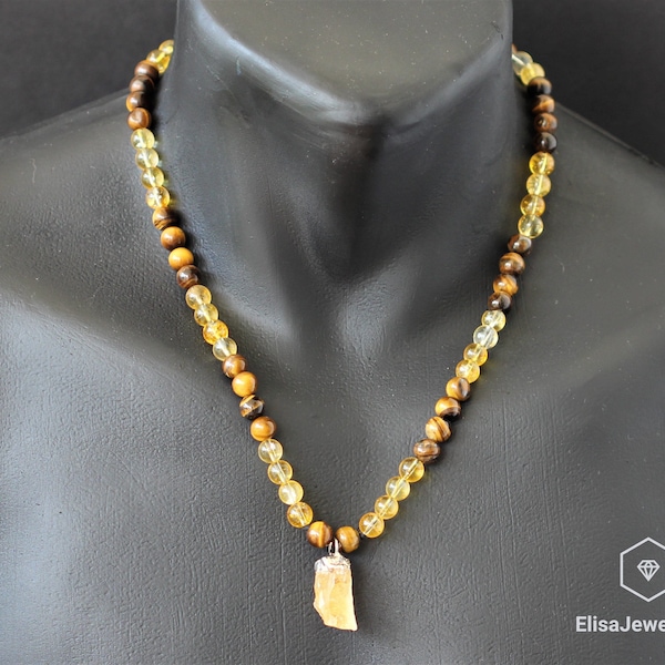 Men's Natural Citrine Beads Necklace Tiger Eye Bead Necklace Macrame Beaded Necklace Irregular Raw Crystal Citrine Pendant Adjustable Unisex