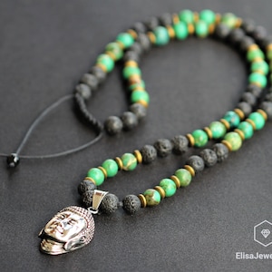 Buddha Collar Natural Turquesa Cuentas Collar De Cuentas De Lava Negra Collar Macrame Collar de Cuentas Protección Piedras Preciosas Collar Largo Unisex
