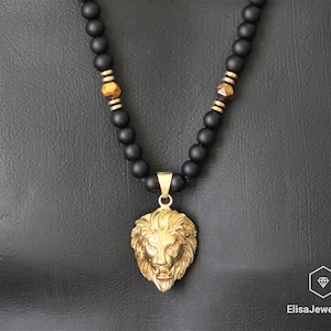 Lion Necklace Men's Natural Tiger Eye Black Onyx Beaded Protection Long Adjustable Healing Gemstone Macrame Necklace Gift For Him Unisex