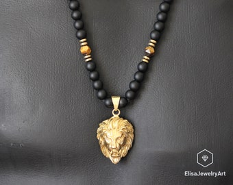 Lion Necklace Men&#39;s Natural Tiger Eye Black Onyx Beaded Protection Long Adjustable Healing Gemstone Macrame Necklace Gift For Him Unisex