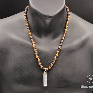 Natürlicher Natürlicher Selenit Anhänger Natürlicher Tigerauge Perlen Edelstein Halskette Beste Freundin Geschenk für Männer Halskette Geschenk für Ihn Weihnachten Geschenk