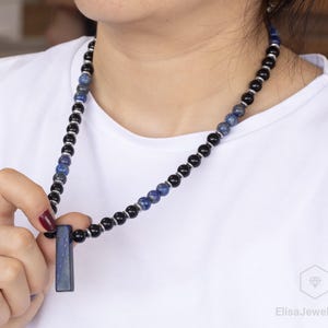 Natural Lapis Lazuli Pendant, Black Onyx & Lapis Lazuli Beaded Necklace, Real Gemstone Elegant Necklace, Rectangular Pendant Crystal Choker