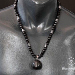 Emotional Necklace Natural Black Onyx Pendant Black Onyx Hematite Beaded Birthstone Men&#39;s Necklace For Him Unisex Christmas Gift