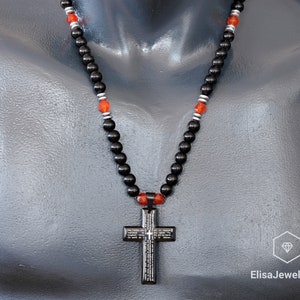 Cross Necklace Natural Fire Agate & Black Onyx Beaded Necklace Grounding Crystal Gemstone Strong Clasp Necklace Protective Necklace