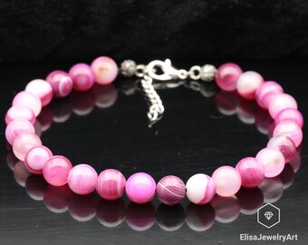 Pulsera fuerte ajustable con cuentas de ágata rosa natural hecha a mano con piedras preciosas de cristal de emoción pulsera única de moda pulsera delicada de piedra de la pasión