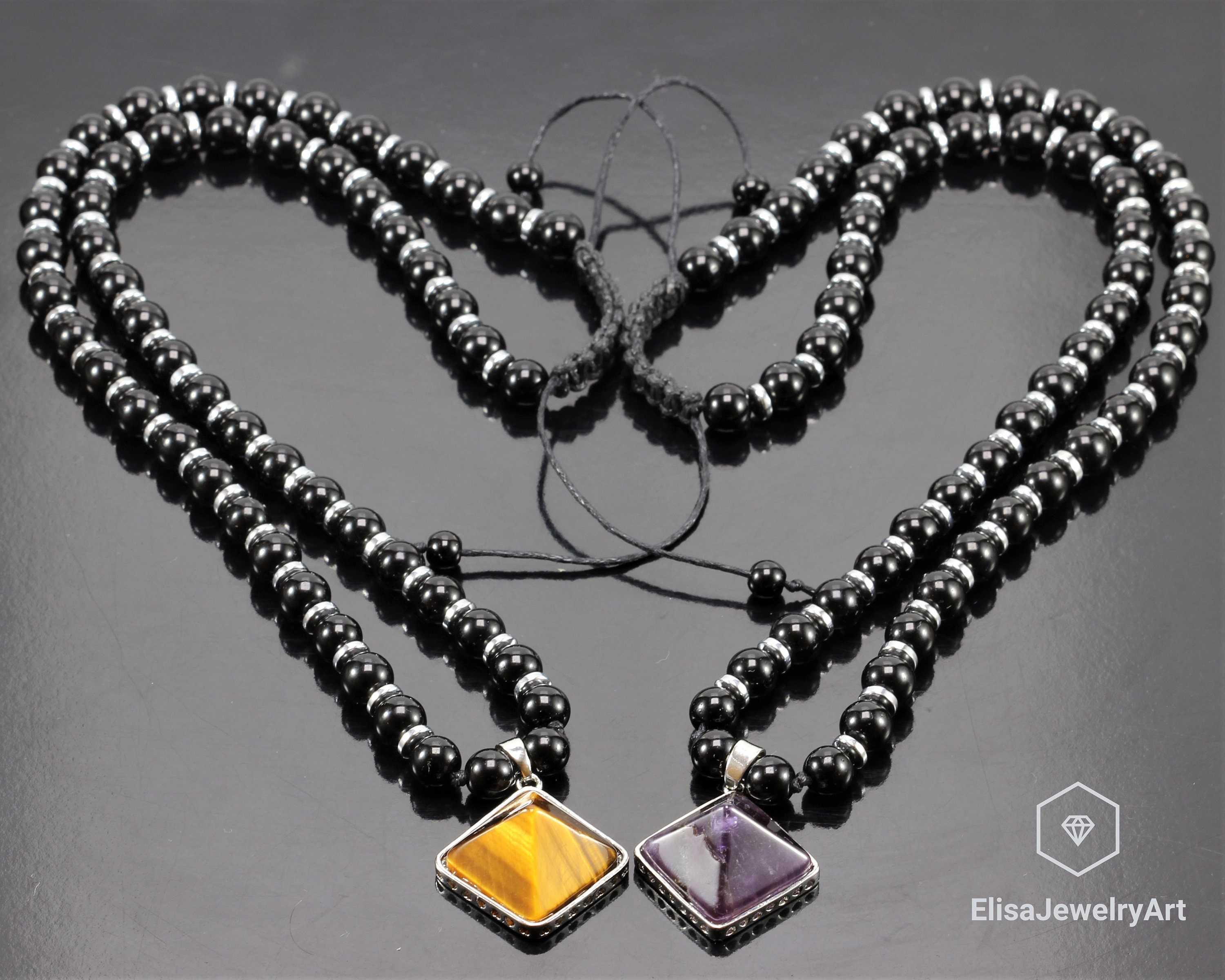 カップルネックレスセット 天然タイガーアイ＆アメジスト ブラック