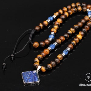 Natural Lapis Pendant Natural Lapis Hematite Tiger Eye Beaded Gemstone Necklace Best Friend Gift For Men Unisex Necklace Gift For Him