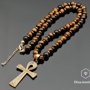 Stone Of Protection Necklace Zirconia Ankh Pendant Natural Tiger Eye Beaded Limited Edition Balance Birthstone Necklace Christmas Gift