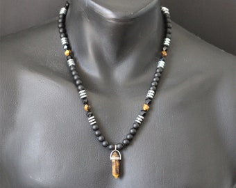 Herren Halskette Tiger Auge Onyx Boho lange verstellbare Schutz Yoga Mala Edelstein Hämatit Perlen Halskette Geschenk für ihn Muttertagsgeschenk