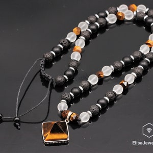 Natural Tiger Eye Healing Pendant Necklace Natural Quartz Tiger Eye Onyx Lava Beads Long Chackra Necklace Protection Healing Christmas Gift