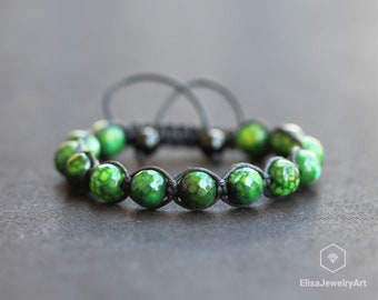 Natural Green Agate Beads Bracelet Macrame Adjustable Bracelet Healing Gemstone Crystal Macrame Bracelets Healing Energy Yoga Gift for Him