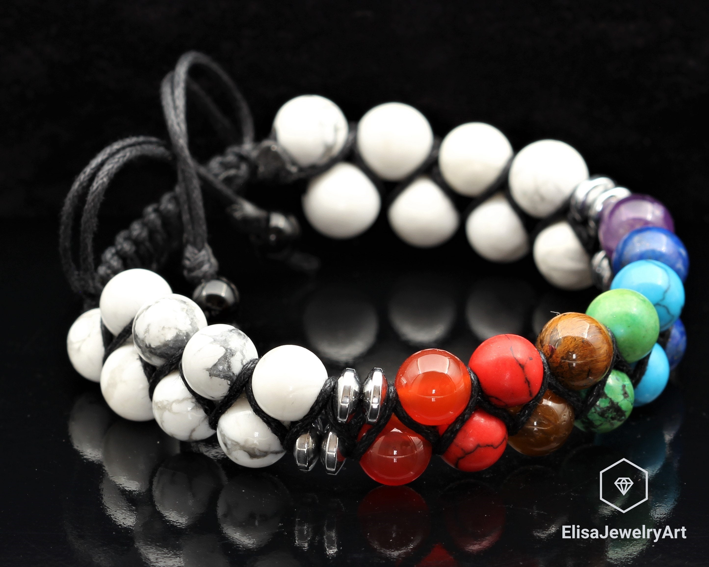 Men's Howlite Healing 7 Chakra Beads Double Bracelet Adjustable Healing Crystal Father's Day Gift Energy Gift for Him Gift for Mom
