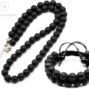 Natural Black Lava Set Necklace Bracelet Natural Black Lava Beads Choker Emotion Set Bracelet Minimalist Birthstone Christmas Gift