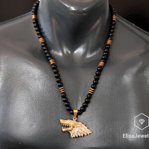 Zirconia Wolf Necklace Stailess Steel Pendant Black Onyx Hematite Beaded Birthstone Emotional Calming Necklace For Him Unisex Christmas Gift