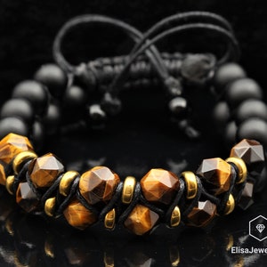 Natural Tiger Eye Black Onyx Beaded Adjustable Bracelet Macrame Protection Yoga Mala Men&#39;s Bracelet Women&#39;s Bracelet Crystal Bracelet
