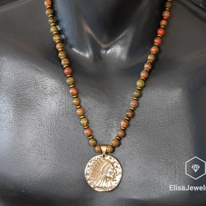 Pregnancy Stone Necklace Indian Head Coin Pendant Natural Unakite Beaded Cross Balance Emotion Birthstone Necklace Christmas Gift