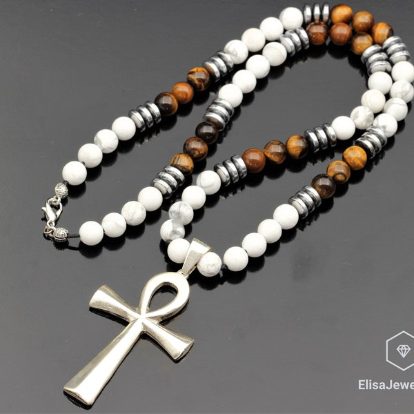 925 Sterling Silver Ankh Cross Necklace Protection Natural Tiger Eye, Howlite Beaded Gemstone Long Necklace Christmas Gift Gift For Men