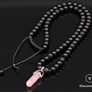 Pointed Rose Quartz Pendant Natural Black Onyx Gemstone Protection Stone Necklace Black Men&#39;s Necklace Gift For Him Unisex Necklace