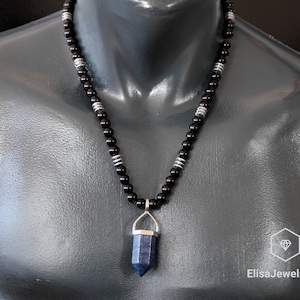 Clearing Necklace Natural Pointed Big Lapis Lazuli Pendant Black Onyx Hematite Beaded Birthstone Necklace For Him Unisex Christmas Gift