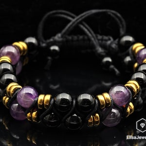 Luck Bracelet Natural Amethyst & Black Onyx Beads Macrame  Gift For Girlfriend Gift For Mom Mom Gift Idea Healing Crystal Power Bracelet