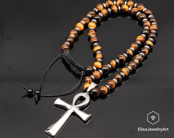 Colar de prata esterlina 925 Ankh com cruz, proteção natural, olho de tigre, contas, pedra preciosa, colar longo, presente de Natal para homens
