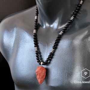 Focus Necklace Natural Red Jasper Pendant Black Onyx Hematite Beaded Birthstone Emotional Genuine Gemstone For Him Unisex Christmas Gift