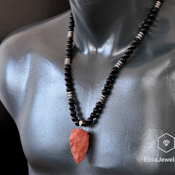 Focus Necklace Natural Red Jasper Pendant Black Onyx Hematite Beaded Birthstone Emotional Genuine Gemstone For Him Unisex Christmas Gift