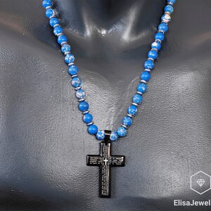 Cross Necklace Natural Blue Imperial Jasper Beaded Necklace Tranquility Crystal Gemstone Strong Clasp Necklace Calming Necklace