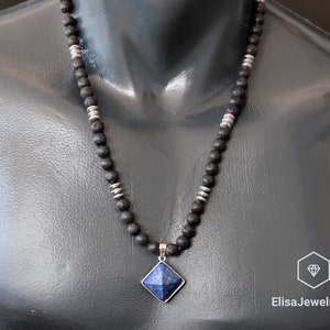 Honor Necklace Natural Lapis Lazuli Pendant Black Lava Hematite Beaded Birthstone Emotional Genuine Gemstone For Him Unisex Christmas Gift