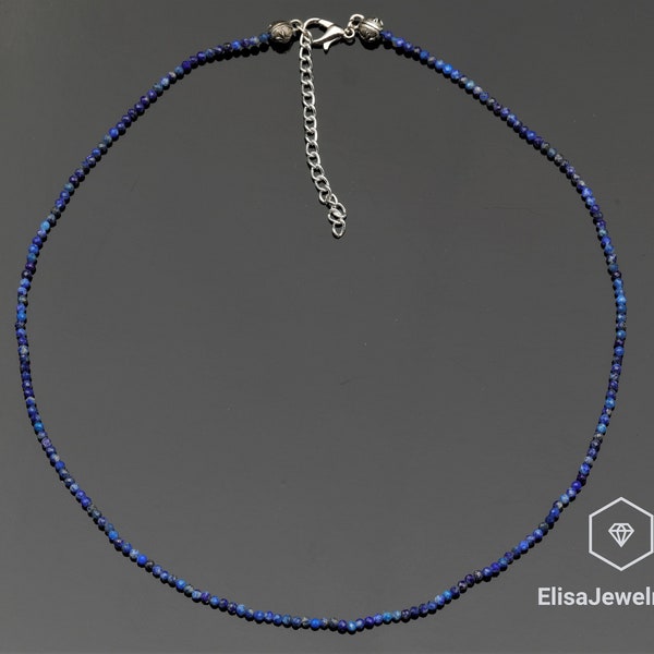 Natural 2mm Lapis Lazuli Choker Adjustable Rhinestone Necklace Beaded Necklace Healing Gemstone Gift For Him Gift For Her Mother's Day Gift