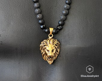 Lion Necklace Men&#39;s Natural Black Onyx Lava Beaded Adjustable Macrame Gift For Him Long Black Necklace Unisex Anniversary Gifts For Father