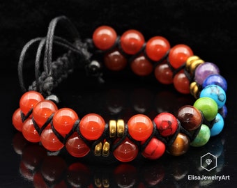 Unieke Rode Carnenlian Healing 7 Chakra Kralen Dubbele Armband Verstelbare Healing Crystal Vaderdag Cadeau Energie Cadeau voor Hem Cadeau Voor Mama