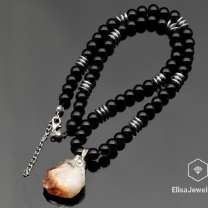 Wealth Stone Natural Citrine Pendant Black Onyx Hematite Beaded Birthstone Emotional Genuine Gemstone For Him Unisex Christmas Gift