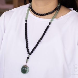 Natural Green Aventurine Beaded 108 Mala Necklace, Lava Stone Gemstone, Healing Crystal, Unique Boho Gemstone Mala, Crystal Long Necklace