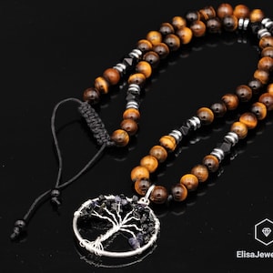 Natural Tree Of Life Black Onyx Pendant Onyx Tiger Eye Beaded Gemstone Necklace Best Friend Gift For Men Unisex Necklace Gift For Him