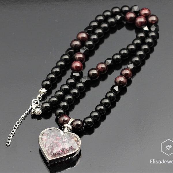 Trust Necklace Heart Red Garnet Pendant Beads Necklace Black Onyx Beaded Boho Necklace Genuine Crystal Necklace Gift For Men Christmas Gift