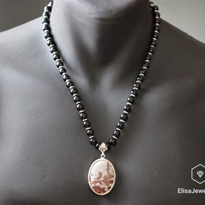 925 Sterling Silver Natural Dendritic Jasper Pendant Necklace ,Natural Black Onyx Beads Necklace Clasp Beaded Necklace Christmas Gift